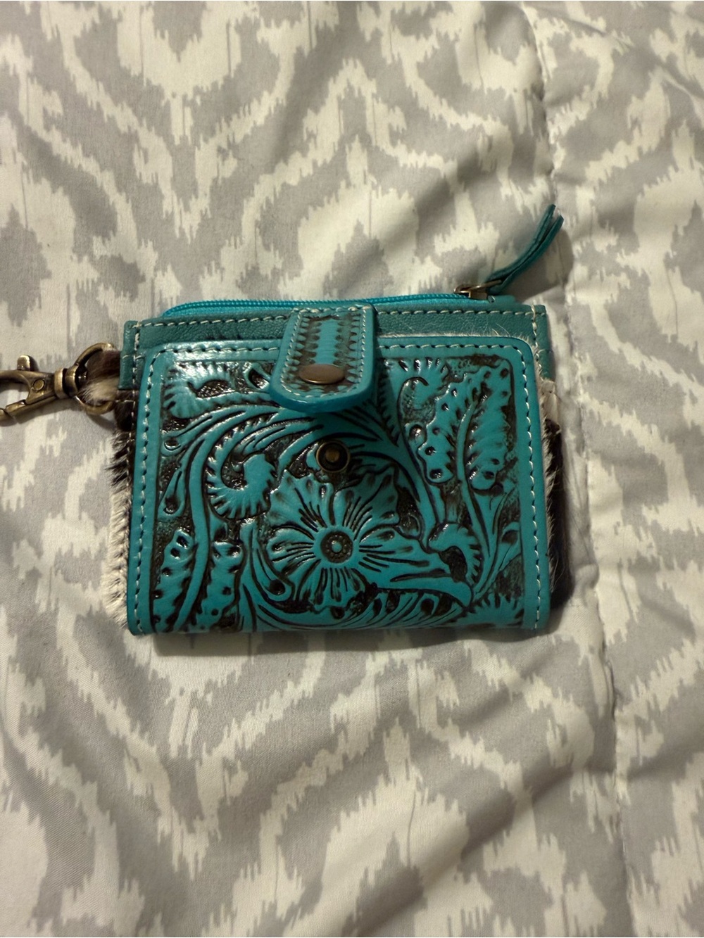 Myra Bag Turquoise Tooled Leather Floral Wallet with Key Clip